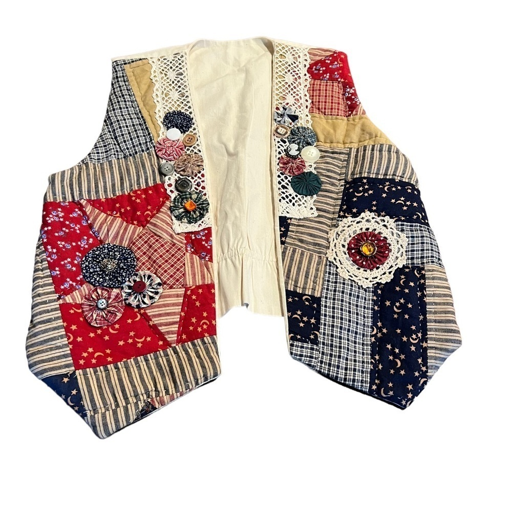 Handmade Women’s Quilted Patchwork Vest Doilies Buttons Cameo Retro Cottagecore